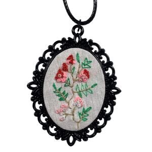 Handmade Wild Flower Embroidery Necklace in Black Bezel